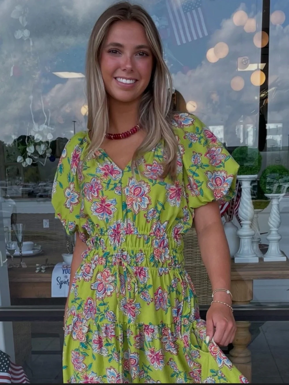 137. NWT easel Green Floral Maxi Dress with Smocked Waist - Picture 3 of 8